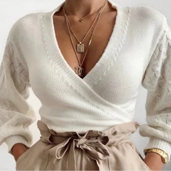 BNWT, Ivory Cropped Wrap Sweater - Picture 1 of 9